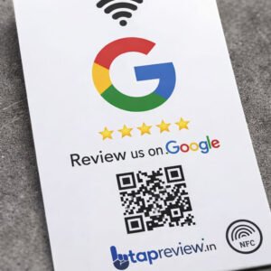 Customer scanning QR and NFC Google Review card at shop counter
