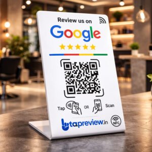 PVC QR & NFC Google Review Stand – Black & White | Tabletop Display for Shops & Restaurants