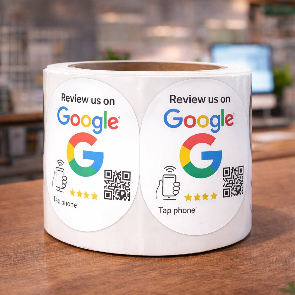 Rounded QR & NFC Google Review Sticker – Black & White