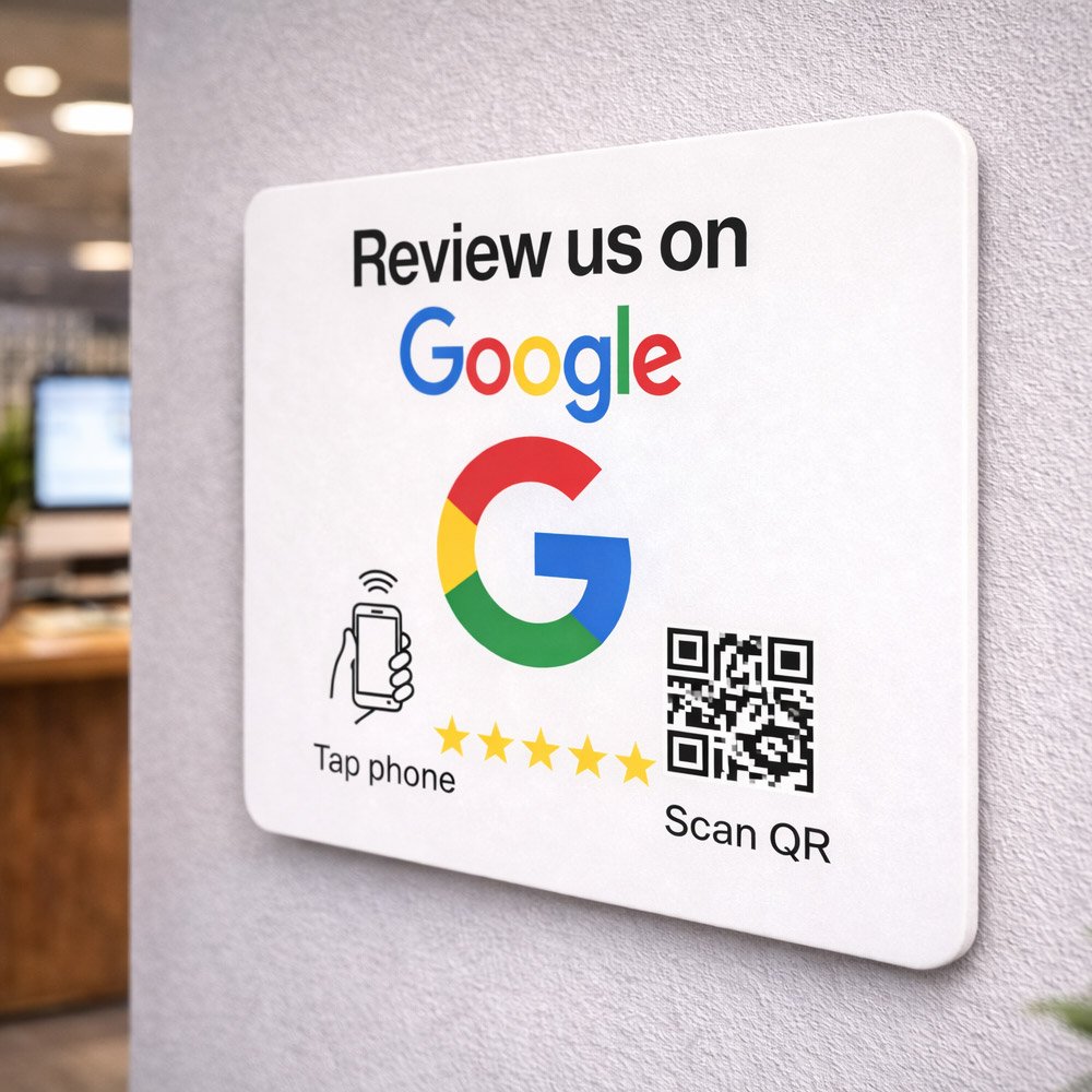 Square PVC QR & NFC Google Review Wall Mount – Black & White