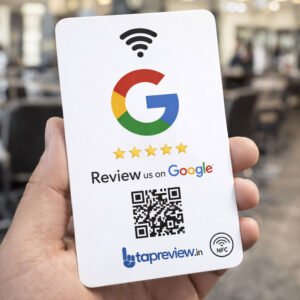 Side view of QR and NFC Google Review card in black and white