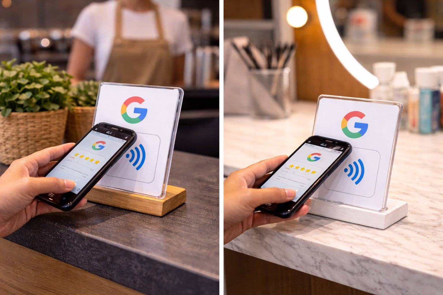 Customer tapping smartphone on NFC card to open Google review page
