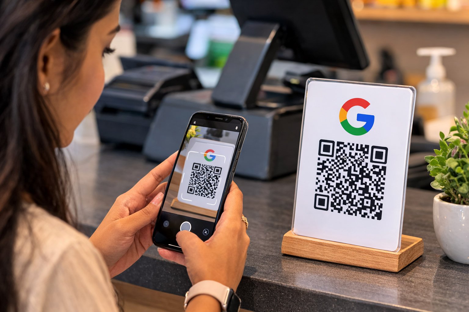 QR code stand placed on business counter for customers to leave Google reviews