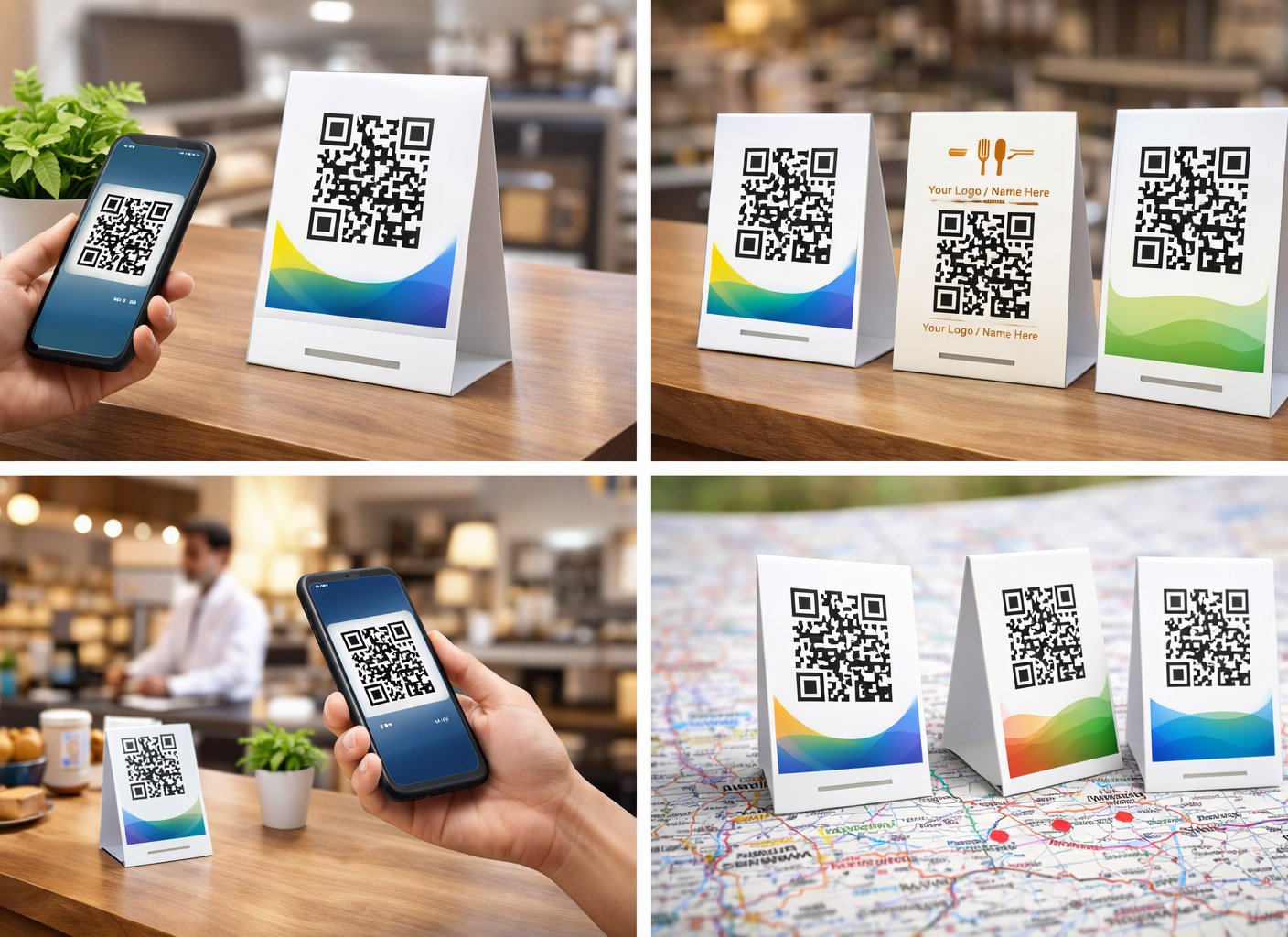 Google review QR code stand placed on business counter