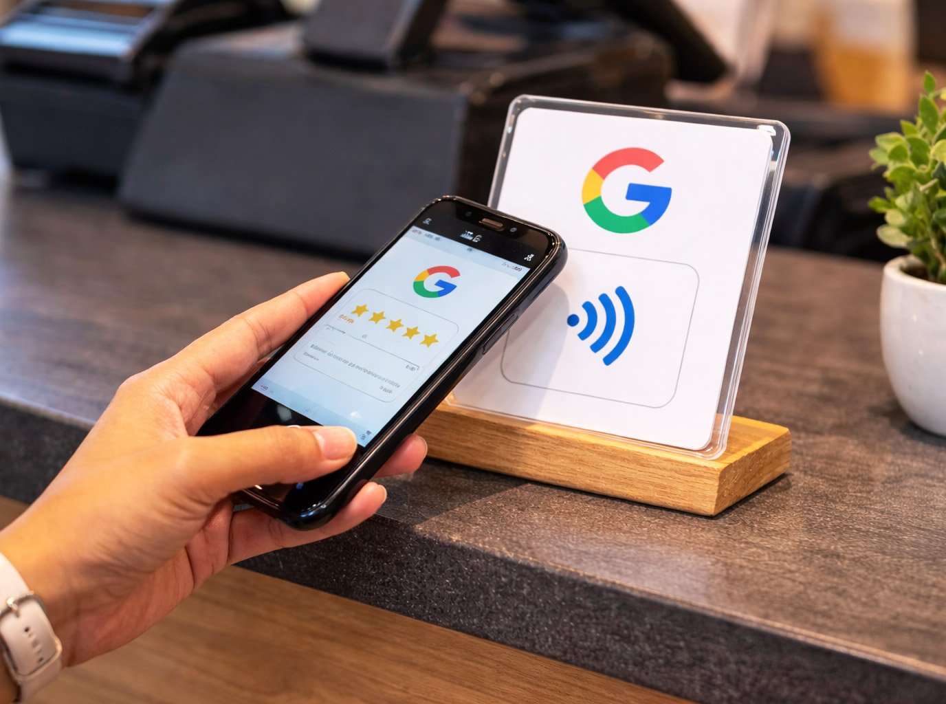 Customer tapping smartphone on NFC card to open Google review page
