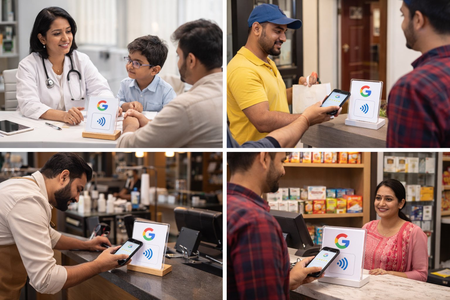 Different Indian businesses using NFC review cards to collect Google reviews