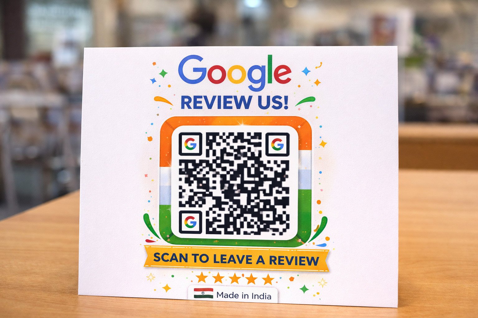 QR review stand and review cards used by businesses in South India